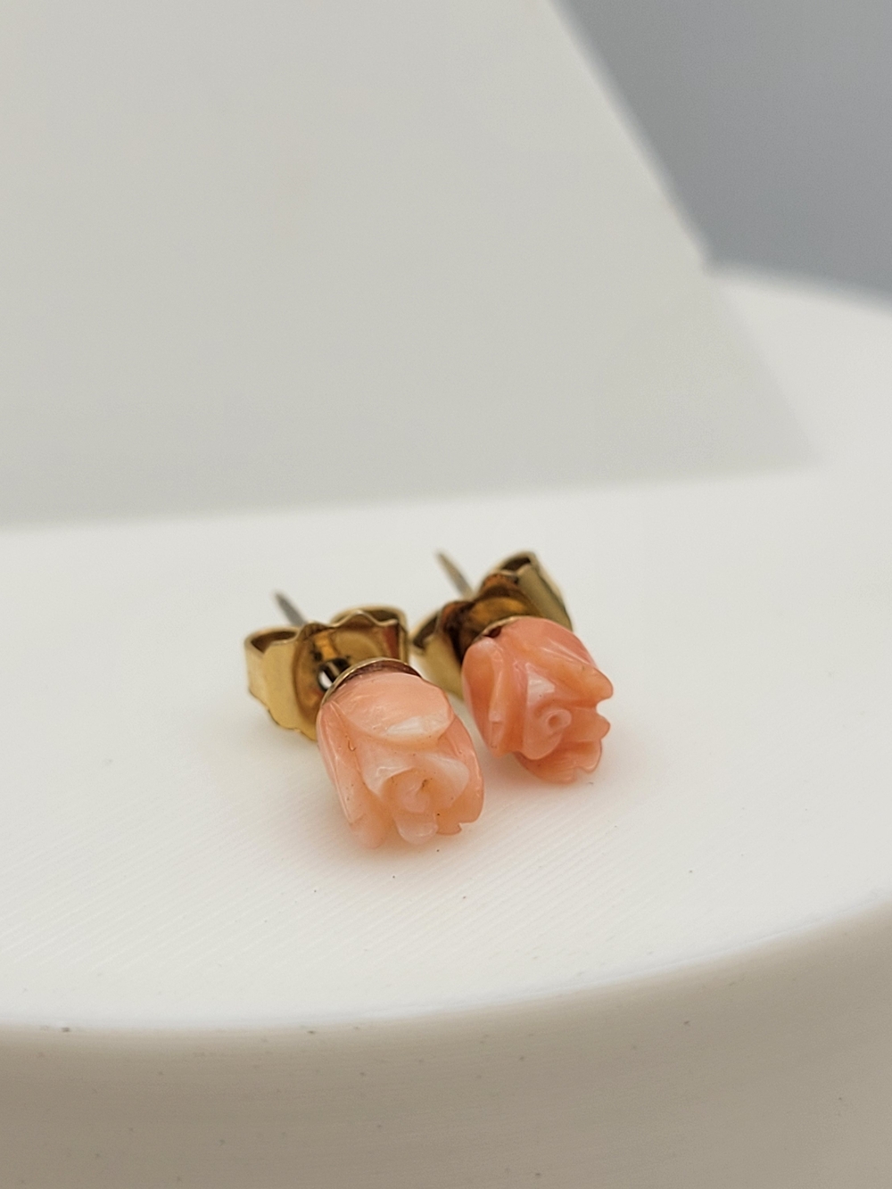 Gold Plated Stud Earrings with Peach Rose Carved Accents